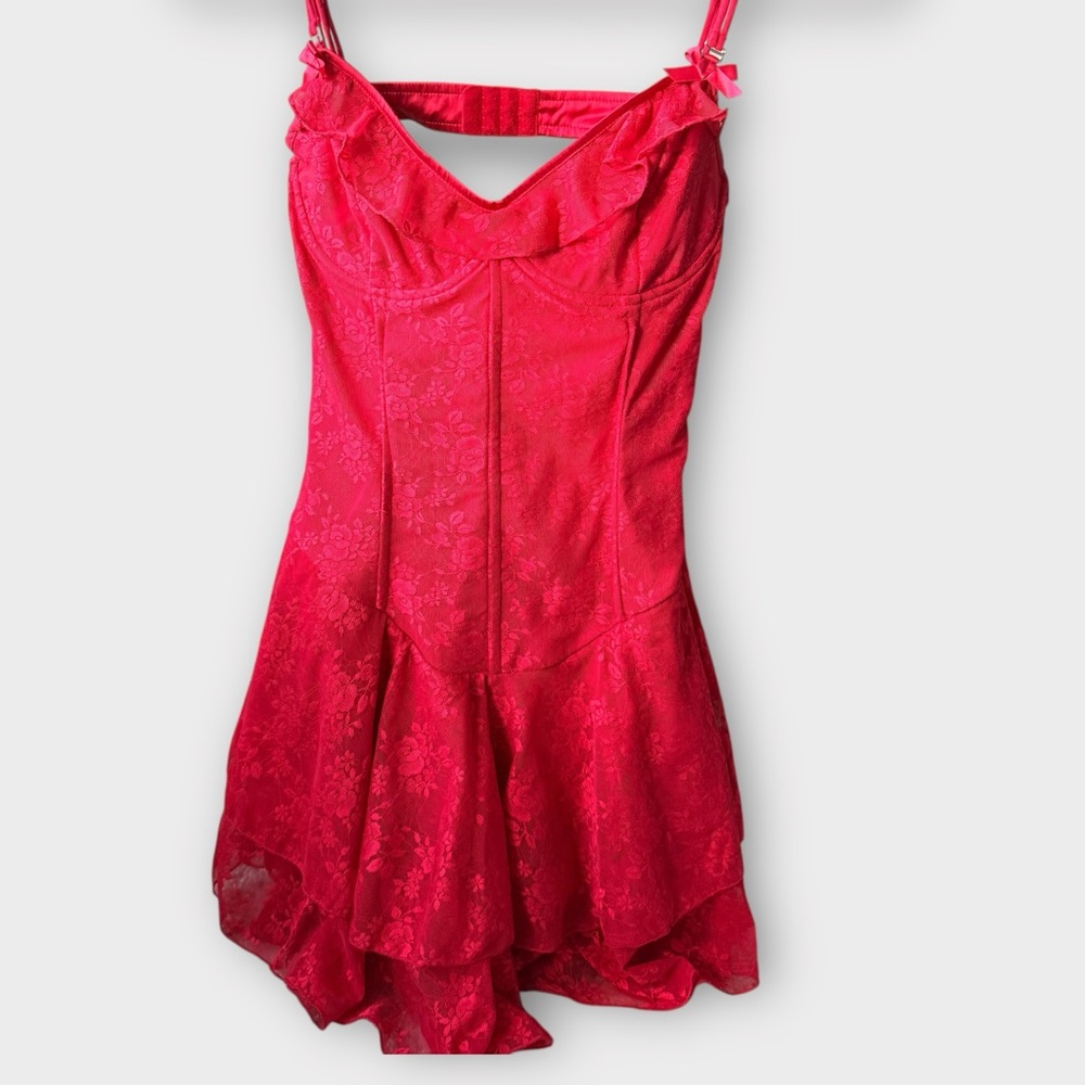 Red Lace Ruffle Mini Dress – Corset Backless Cami Dress (NWT, Size M) - Picture 11 of 12